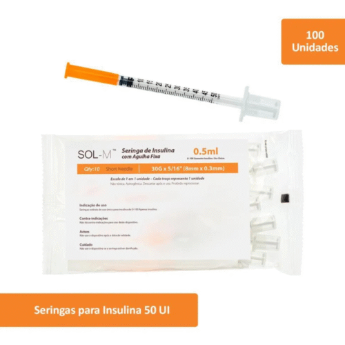 Seringa De Insulina 50U 0,5mL Com Agulha Fixa 8X0,3mm 30g Bag C/100