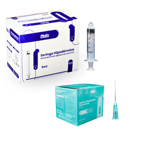 Kit Seringa Hipodérmica 5mL + Agulha 21g Verde (25x0,8) C/100 - Medix