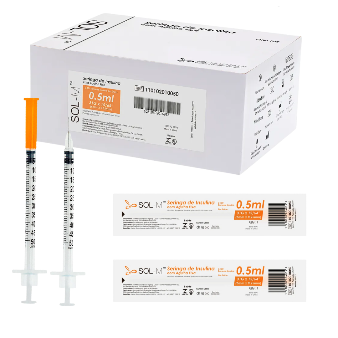 Seringa De Insulina 50u 0,5ml Com Agulha Fixa 31g 25x0,6mm C/100