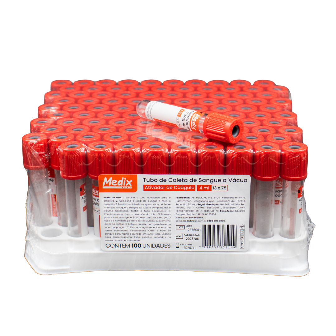 Tubo De Coleta Vácuo Ativador De Coágulo Vermelhor 13x75 C/100 - Medix